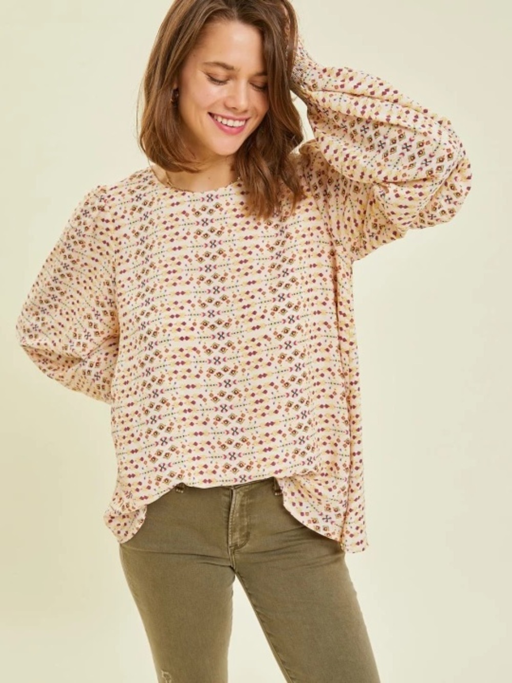 Heyson Women's Cream Patterned Long-Sleeve Pullover Top Sizes S M & L